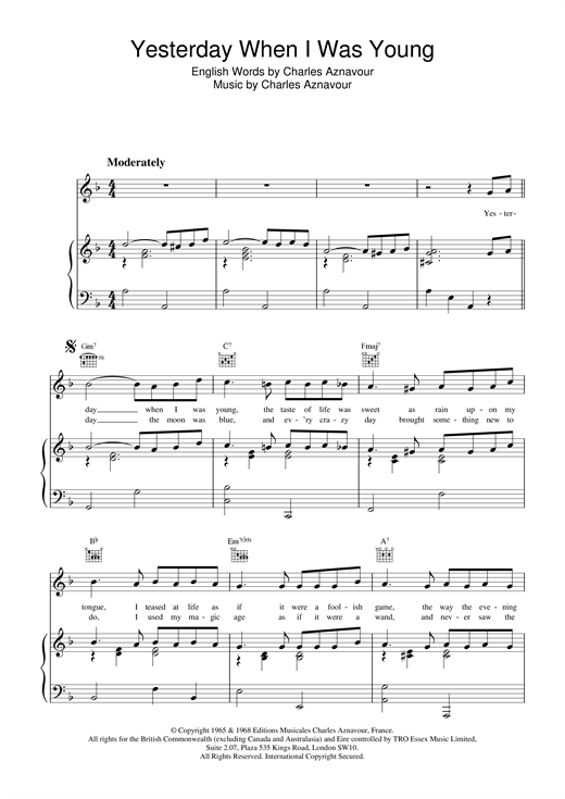 Preview Charles Aznavour Yesterday When I Was Young Pop sheet music, notes and chords for Piano, Vocal & Guitar (Right-Hand Melody), SKU: 18798 sheet music, piano notes, chords, guitar tabs, score, transpose, transcribe, how to play, guide, download, learn, tutorial, progression, song, artist, awards, billboard, mtv, vh1, tour, single, album, release