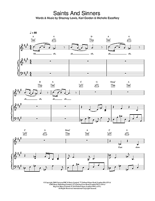 Preview All Saints Saints And Sinners R & B sheet music, notes and chords for Piano, Vocal & Guitar, SKU: 18804 sheet music, piano notes, chords, guitar tabs, score, transpose, transcribe, how to play, guide, download, learn, tutorial, progression, song, artist, awards, billboard, mtv, vh1, tour, single, album, release