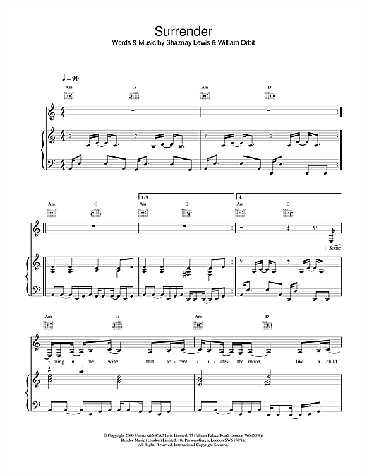 Preview All Saints Surrender R & B sheet music, notes and chords for Piano, Vocal & Guitar, SKU: 18805 sheet music, piano notes, chords, guitar tabs, score, transpose, transcribe, how to play, guide, download, learn, tutorial, progression, song, artist, awards, billboard, mtv, vh1, tour, single, album, release