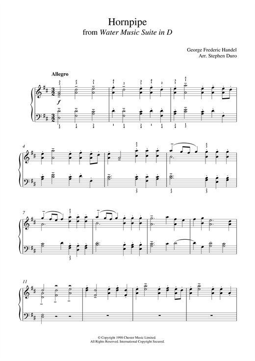 Preview George Frideric Handel Hornpipe (from The Water Music Suite) Classical sheet music, notes and chords for Piano, SKU: 18809 sheet music, piano notes, chords, guitar tabs, score, transpose, transcribe, how to play, guide, download, learn, tutorial, progression, song, artist, awards, billboard, mtv, vh1, tour, single, album, release