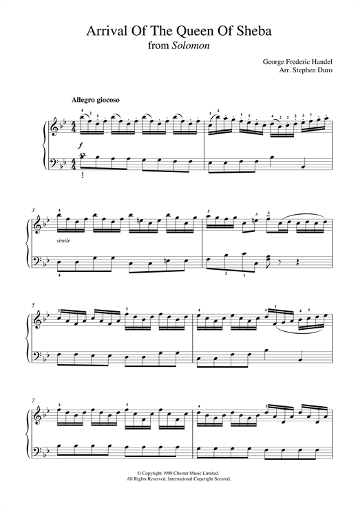 Preview George Frideric Handel The Arrival Of The Queen Of Sheba (from Solomon) Classical sheet music, notes and chords for Piano, SKU: 18821 sheet music, piano notes, chords, guitar tabs, score, transpose, transcribe, how to play, guide, download, learn, tutorial, progression, song, artist, awards, billboard, mtv, vh1, tour, single, album, release