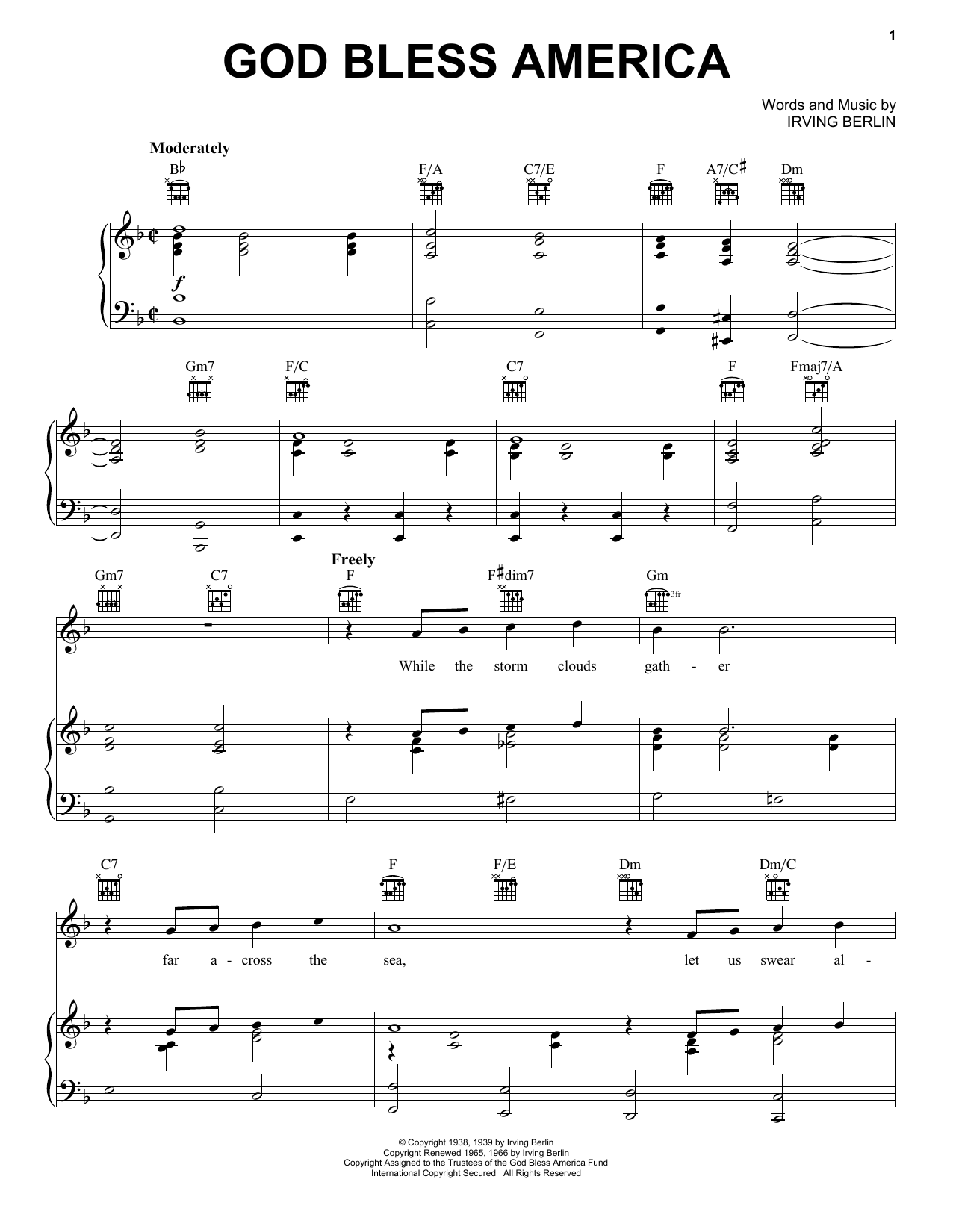 Preview Irving Berlin God Bless America American sheet music, notes and chords for Piano, Vocal & Guitar (Right-Hand Melody), SKU: 18824 sheet music, piano notes, chords, guitar tabs, score, transpose, transcribe, how to play, guide, download, learn, tutorial, progression, song, artist, awards, billboard, mtv, vh1, tour, single, album, release