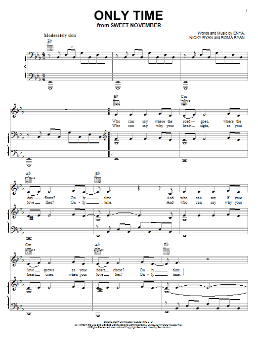 Preview Enya Only Time Pop sheet music, notes and chords for Piano, Vocal & Guitar (Right-Hand Melody), SKU: 18828 sheet music, piano notes, chords, guitar tabs, score, transpose, transcribe, how to play, guide, download, learn, tutorial, progression, song, artist, awards, billboard, mtv, vh1, tour, single, album, release