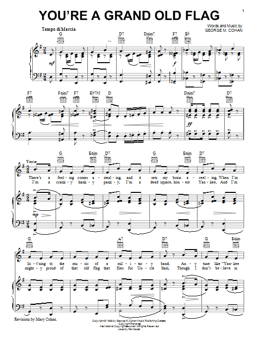 Preview George M. Cohan You're A Grand Old Flag Pop sheet music, notes and chords for Piano, Vocal & Guitar (Right-Hand Melody), SKU: 18829 sheet music, piano notes, chords, guitar tabs, score, transpose, transcribe, how to play, guide, download, learn, tutorial, progression, song, artist, awards, billboard, mtv, vh1, tour, single, album, release