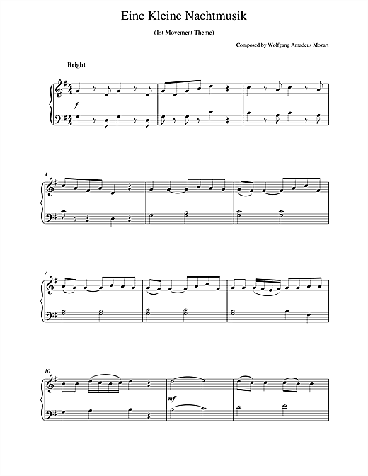 Preview Wolfgang Amadeus Mozart Eine Kleine Nachtmusik Classical sheet music, notes and chords for Piano, SKU: 18842 sheet music, piano notes, chords, guitar tabs, score, transpose, transcribe, how to play, guide, download, learn, tutorial, progression, song, artist, awards, billboard, mtv, vh1, tour, single, album, release