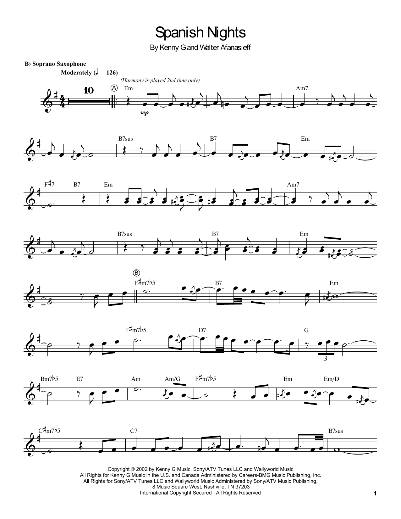 Preview Kenny G Spanish Nights Easy Listening sheet music, notes and chords for Soprano Sax Transcription, SKU: 188495 sheet music, piano notes, chords, guitar tabs, score, transpose, transcribe, how to play, guide, download, learn, tutorial, progression, song, artist, awards, billboard, mtv, vh1, tour, single, album, release