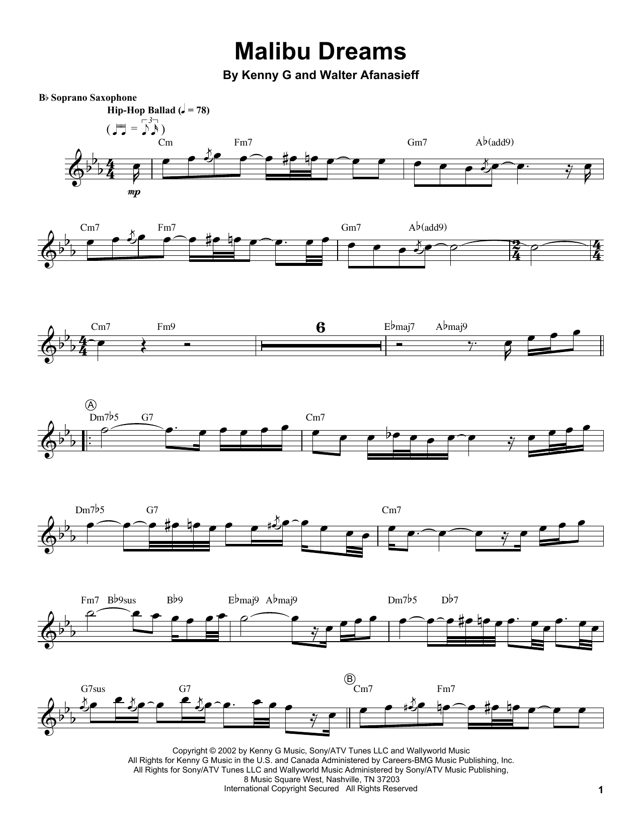 Preview Kenny G Malibu Dreams Easy Listening sheet music, notes and chords for Soprano Sax Transcription, SKU: 188498 sheet music, piano notes, chords, guitar tabs, score, transpose, transcribe, how to play, guide, download, learn, tutorial, progression, song, artist, awards, billboard, mtv, vh1, tour, single, album, release