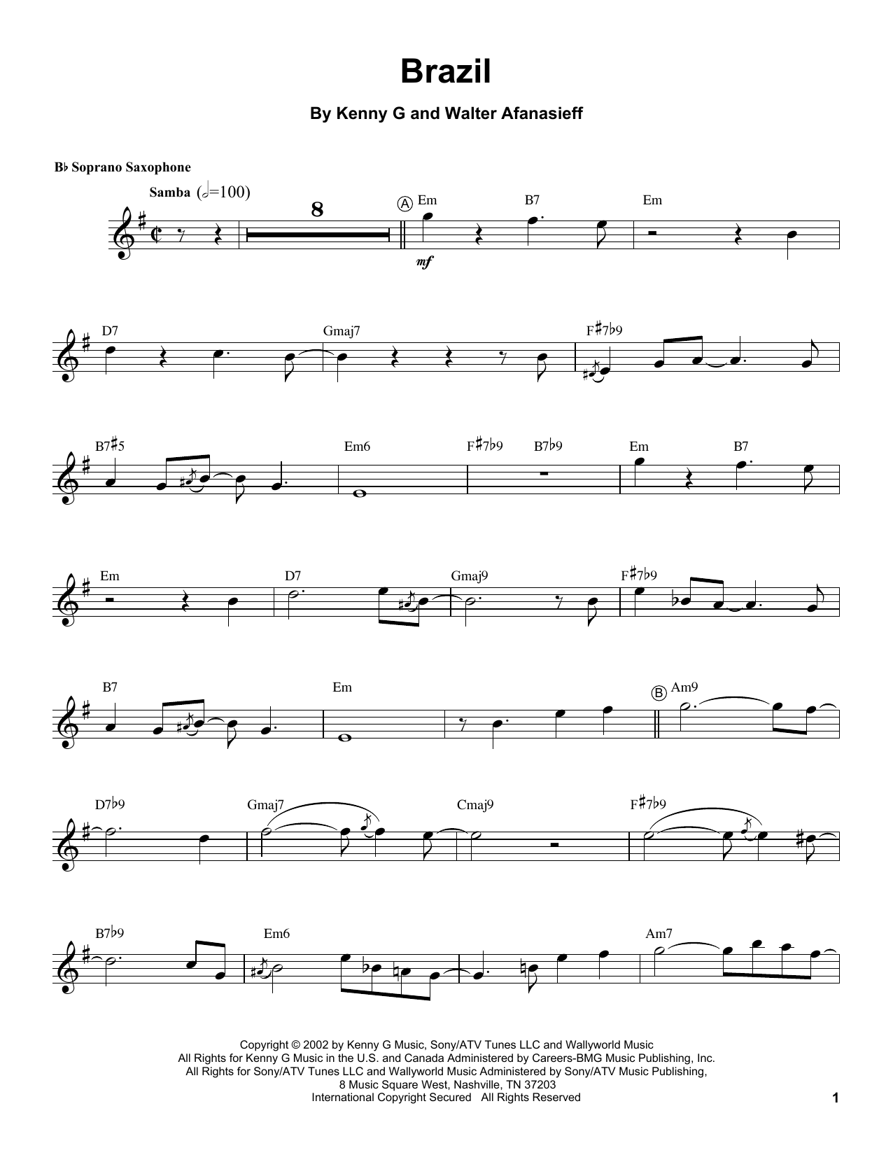 Preview Kenny G Brazil Easy Listening sheet music, notes and chords for Soprano Sax Transcription, SKU: 188503 sheet music, piano notes, chords, guitar tabs, score, transpose, transcribe, how to play, guide, download, learn, tutorial, progression, song, artist, awards, billboard, mtv, vh1, tour, single, album, release