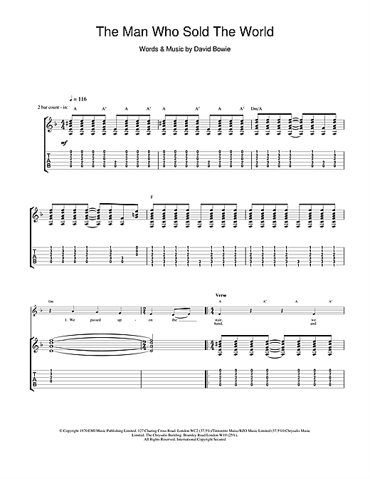Preview David Bowie The Man Who Sold The World Rock sheet music, notes and chords for Guitar Tab, SKU: 18850 sheet music, piano notes, chords, guitar tabs, score, transpose, transcribe, how to play, guide, download, learn, tutorial, progression, song, artist, awards, billboard, mtv, vh1, tour, single, album, release
