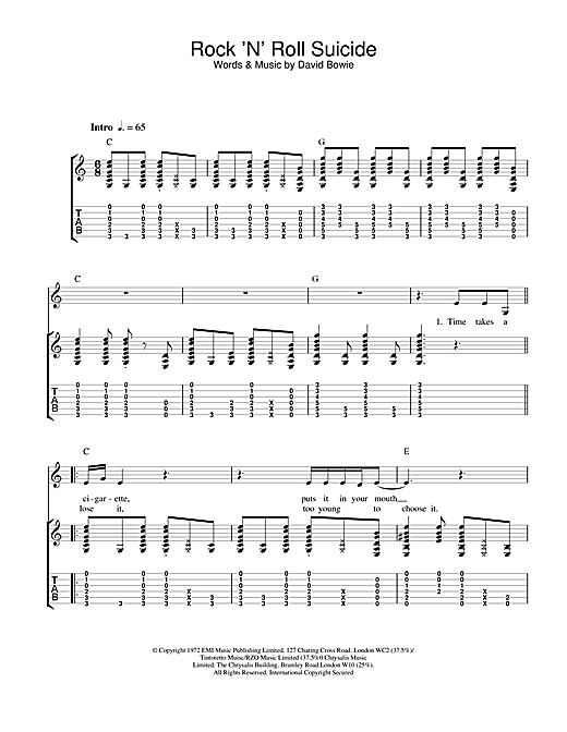 Preview David Bowie Rock 'N' Roll Suicide Rock sheet music, notes and chords for Guitar Tab, SKU: 18853 sheet music, piano notes, chords, guitar tabs, score, transpose, transcribe, how to play, guide, download, learn, tutorial, progression, song, artist, awards, billboard, mtv, vh1, tour, single, album, release