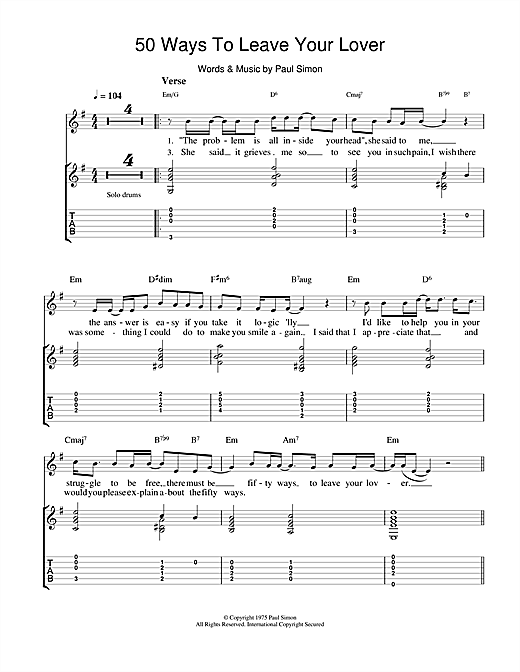 Preview Paul Simon Fifty Ways To Leave Your Lover Pop sheet music, notes and chords for Guitar Tab, SKU: 18859 sheet music, piano notes, chords, guitar tabs, score, transpose, transcribe, how to play, guide, download, learn, tutorial, progression, song, artist, awards, billboard, mtv, vh1, tour, single, album, release