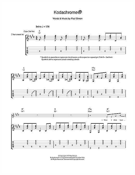 Preview Paul Simon Kodachrome™ Pop sheet music, notes and chords for Guitar Tab, SKU: 18860 sheet music, piano notes, chords, guitar tabs, score, transpose, transcribe, how to play, guide, download, learn, tutorial, progression, song, artist, awards, billboard, mtv, vh1, tour, single, album, release