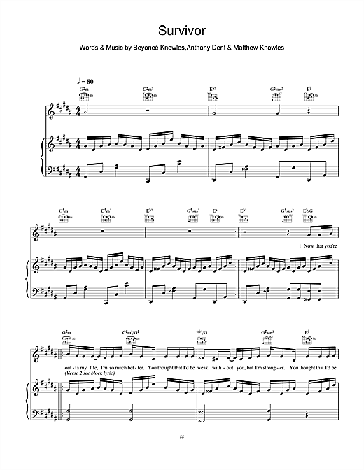 Preview Destiny's Child Survivor R & B sheet music, notes and chords for Piano, Vocal & Guitar, SKU: 18862 sheet music, piano notes, chords, guitar tabs, score, transpose, transcribe, how to play, guide, download, learn, tutorial, progression, song, artist, awards, billboard, mtv, vh1, tour, single, album, release