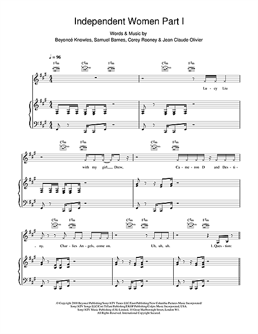 Preview Destiny's Child Independent Women Part I R & B sheet music, notes and chords for Piano, Vocal & Guitar, SKU: 18863 sheet music, piano notes, chords, guitar tabs, score, transpose, transcribe, how to play, guide, download, learn, tutorial, progression, song, artist, awards, billboard, mtv, vh1, tour, single, album, release