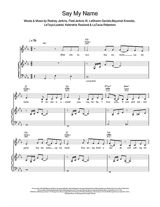 Preview Destiny's Child Say My Name R & B sheet music, notes and chords for Piano, Vocal & Guitar, SKU: 18868 sheet music, piano notes, chords, guitar tabs, score, transpose, transcribe, how to play, guide, download, learn, tutorial, progression, song, artist, awards, billboard, mtv, vh1, tour, single, album, release