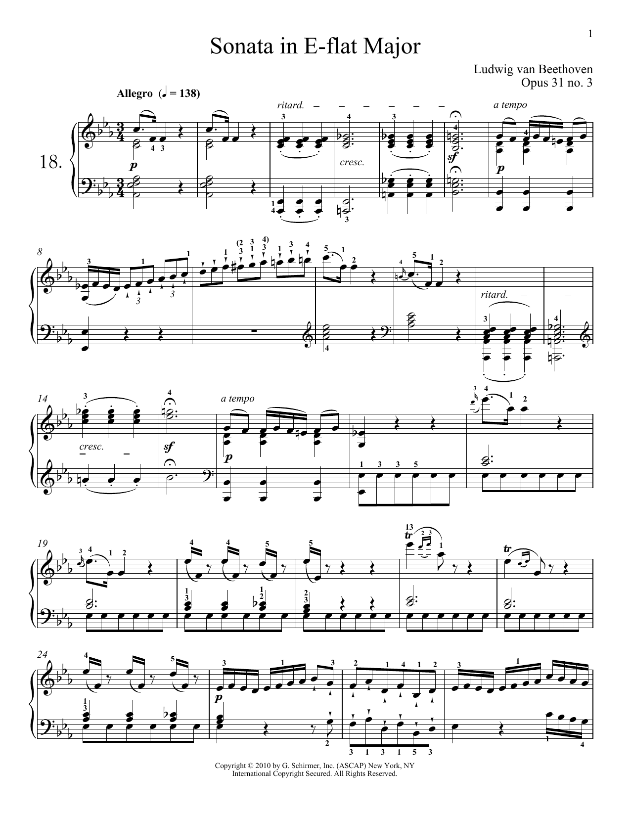 Preview Ludwig van Beethoven Piano Sonata No. 18 In E-flat Major, Op. 31, No. 3 Classical sheet music, notes and chords for Piano, SKU: 188746 sheet music, piano notes, chords, guitar tabs, score, transpose, transcribe, how to play, guide, download, learn, tutorial, progression, song, artist, awards, billboard, mtv, vh1, tour, single, album, release