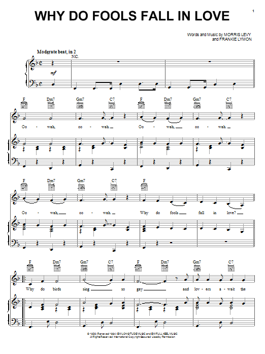 Preview Frankie Lymon & The Teenagers Why Do Fools Fall In Love Pop sheet music, notes and chords for Piano, Vocal & Guitar (Right-Hand Melody), SKU: 18876 sheet music, piano notes, chords, guitar tabs, score, transpose, transcribe, how to play, guide, download, learn, tutorial, progression, song, artist, awards, billboard, mtv, vh1, tour, single, album, release