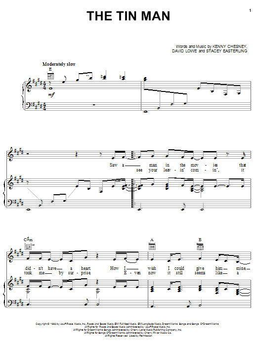 Preview Kenny Chesney The Tin Man Country sheet music, notes and chords for Piano, Vocal & Guitar (Right-Hand Melody), SKU: 18884 sheet music, piano notes, chords, guitar tabs, score, transpose, transcribe, how to play, guide, download, learn, tutorial, progression, song, artist, awards, billboard, mtv, vh1, tour, single, album, release