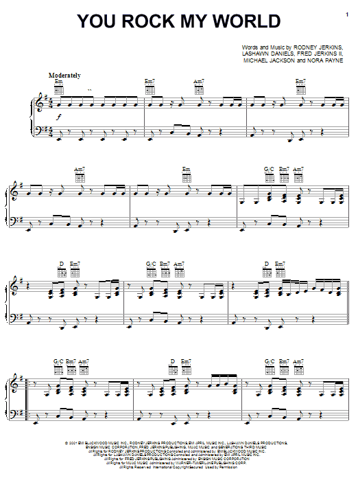 Preview Michael Jackson You Rock My World Pop sheet music, notes and chords for Piano, Vocal & Guitar (Right-Hand Melody), SKU: 18889 sheet music, piano notes, chords, guitar tabs, score, transpose, transcribe, how to play, guide, download, learn, tutorial, progression, song, artist, awards, billboard, mtv, vh1, tour, single, album, release
