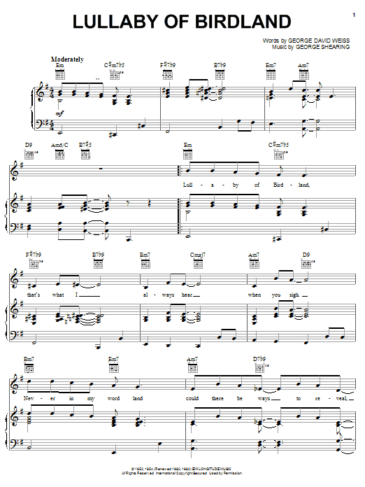 Preview George Shearing Lullaby Of Birdland Jazz sheet music, notes and chords for Piano, Vocal & Guitar (Right-Hand Melody), SKU: 18890 sheet music, piano notes, chords, guitar tabs, score, transpose, transcribe, how to play, guide, download, learn, tutorial, progression, song, artist, awards, billboard, mtv, vh1, tour, single, album, release