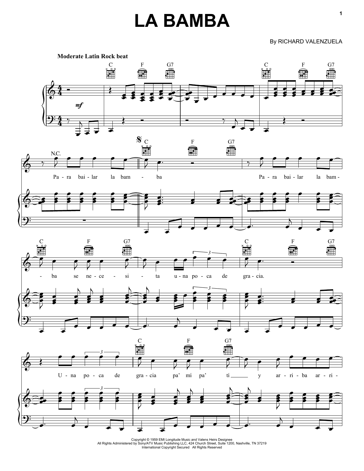 Preview Ritchie Valens La Bamba World sheet music, notes and chords for Piano, Vocal & Guitar (Right-Hand Melody), SKU: 18891 sheet music, piano notes, chords, guitar tabs, score, transpose, transcribe, how to play, guide, download, learn, tutorial, progression, song, artist, awards, billboard, mtv, vh1, tour, single, album, release