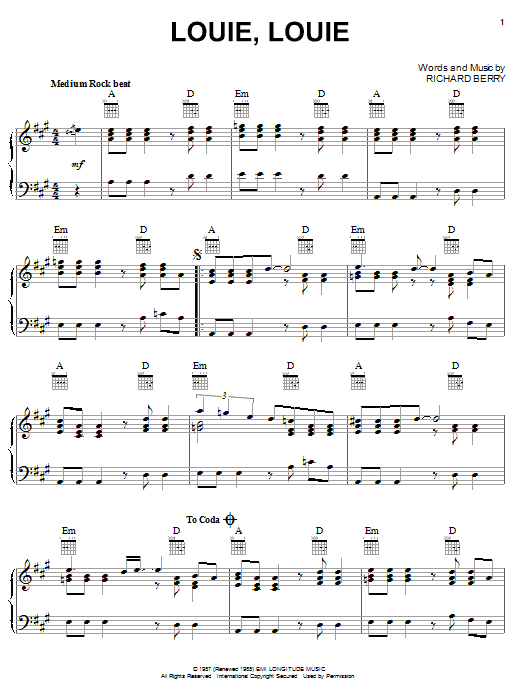 Preview The Kingsmen Louie, Louie Rock sheet music, notes and chords for Piano, SKU: 18892 sheet music, piano notes, chords, guitar tabs, score, transpose, transcribe, how to play, guide, download, learn, tutorial, progression, song, artist, awards, billboard, mtv, vh1, tour, single, album, release