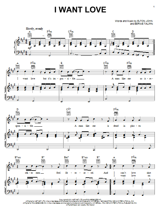 Preview Elton John I Want Love Pop sheet music, notes and chords for Piano, Vocal & Guitar (Right-Hand Melody), SKU: 18894 sheet music, piano notes, chords, guitar tabs, score, transpose, transcribe, how to play, guide, download, learn, tutorial, progression, song, artist, awards, billboard, mtv, vh1, tour, single, album, release