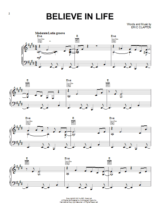 Preview Eric Clapton Believe In Life Pop sheet music, notes and chords for Piano, Vocal & Guitar (Right-Hand Melody), SKU: 18897 sheet music, piano notes, chords, guitar tabs, score, transpose, transcribe, how to play, guide, download, learn, tutorial, progression, song, artist, awards, billboard, mtv, vh1, tour, single, album, release