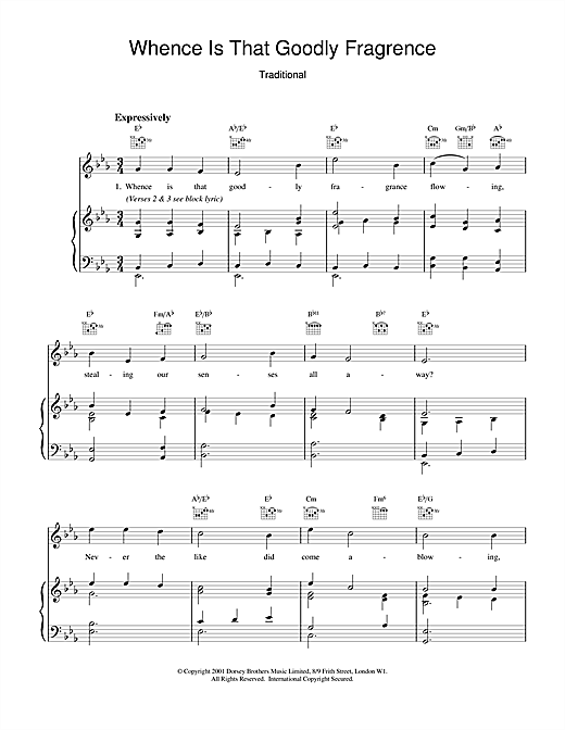 Preview Traditional Whence Is That Goodly Fragrance Folk sheet music, notes and chords for Piano & Vocal, SKU: 18913 sheet music, piano notes, chords, guitar tabs, score, transpose, transcribe, how to play, guide, download, learn, tutorial, progression, song, artist, awards, billboard, mtv, vh1, tour, single, album, release