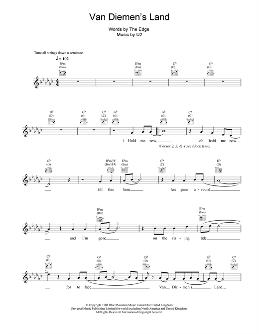 Preview U2 Van Diemen's Land Rock sheet music, notes and chords for Melody Line, Lyrics & Chords, SKU: 18914 sheet music, piano notes, chords, guitar tabs, score, transpose, transcribe, how to play, guide, download, learn, tutorial, progression, song, artist, awards, billboard, mtv, vh1, tour, single, album, release