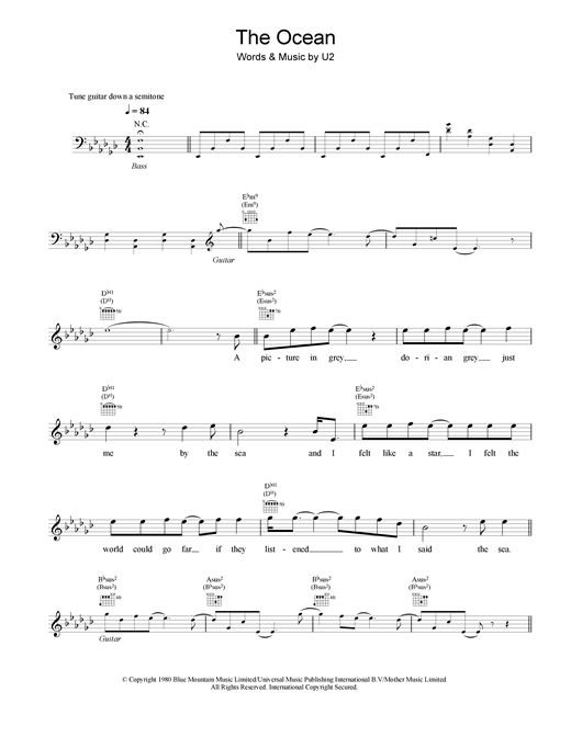 Preview U2 The Ocean Rock sheet music, notes and chords for Melody Line, Lyrics & Chords, SKU: 18915 sheet music, piano notes, chords, guitar tabs, score, transpose, transcribe, how to play, guide, download, learn, tutorial, progression, song, artist, awards, billboard, mtv, vh1, tour, single, album, release