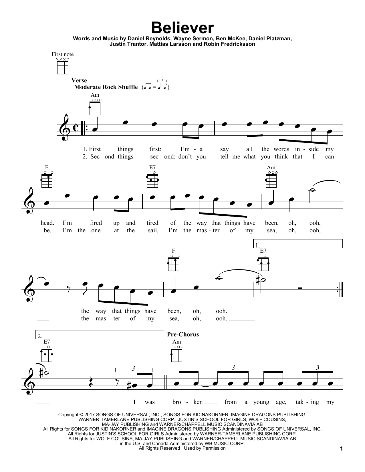 Preview Imagine Dragons Believer Rock sheet music, notes and chords for Ukulele, SKU: 189203 sheet music, piano notes, chords, guitar tabs, score, transpose, transcribe, how to play, guide, download, learn, tutorial, progression, song, artist, awards, billboard, mtv, vh1, tour, single, album, release