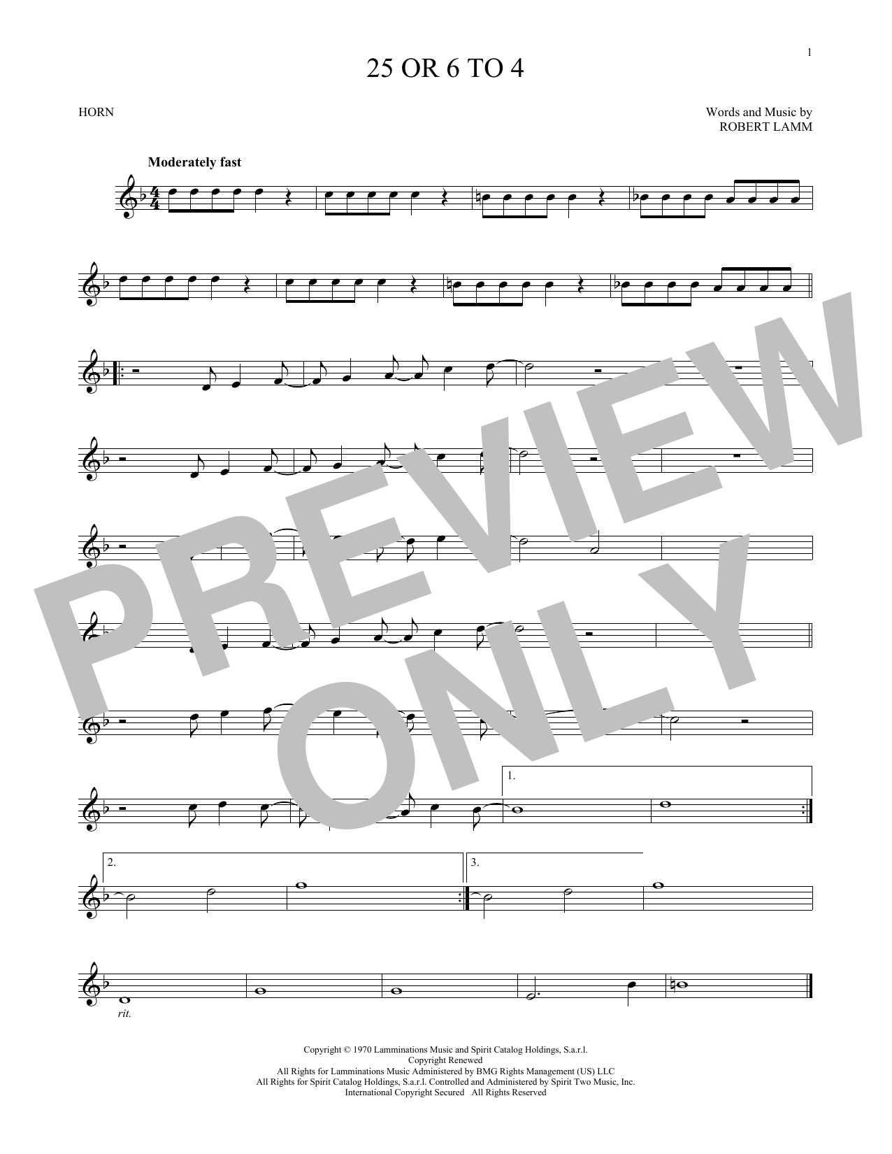 Preview Chicago 25 Or 6 To 4 Rock sheet music, notes and chords for French Horn, SKU: 189217 sheet music, piano notes, chords, guitar tabs, score, transpose, transcribe, how to play, guide, download, learn, tutorial, progression, song, artist, awards, billboard, mtv, vh1, tour, single, album, release