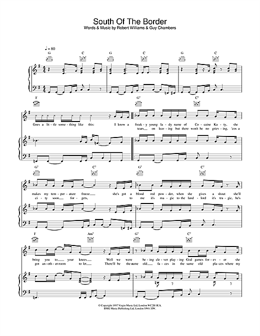 Preview Robbie Williams South Of The Border Pop sheet music, notes and chords for Piano, Vocal & Guitar (Right-Hand Melody), SKU: 18921 sheet music, piano notes, chords, guitar tabs, score, transpose, transcribe, how to play, guide, download, learn, tutorial, progression, song, artist, awards, billboard, mtv, vh1, tour, single, album, release