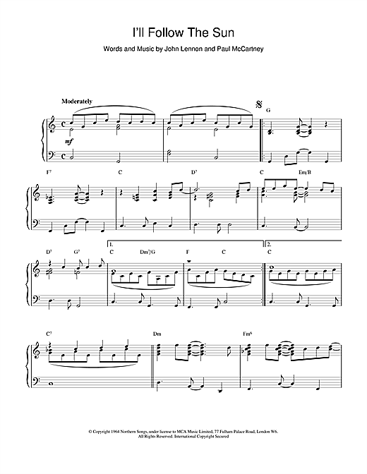 Preview The Beatles I'll Follow The Sun Rock sheet music, notes and chords for Piano, SKU: 18935 sheet music, piano notes, chords, guitar tabs, score, transpose, transcribe, how to play, guide, download, learn, tutorial, progression, song, artist, awards, billboard, mtv, vh1, tour, single, album, release