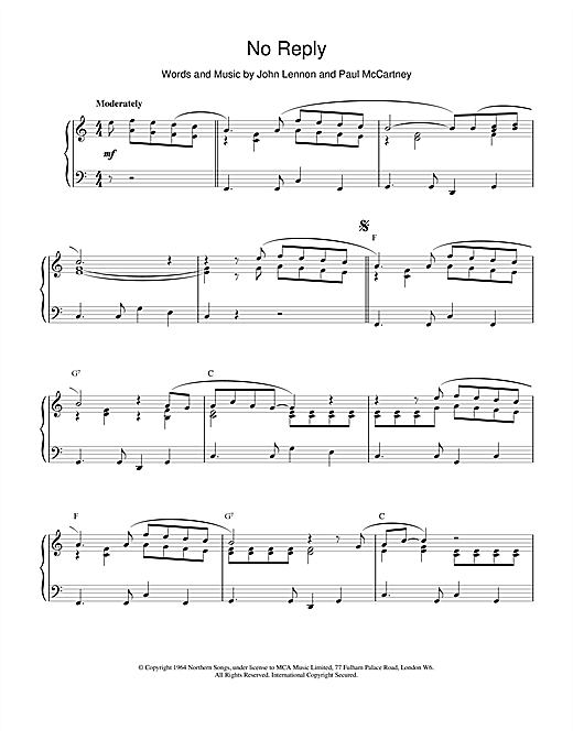 Preview The Beatles No Reply Rock sheet music, notes and chords for Piano, SKU: 18937 sheet music, piano notes, chords, guitar tabs, score, transpose, transcribe, how to play, guide, download, learn, tutorial, progression, song, artist, awards, billboard, mtv, vh1, tour, single, album, release