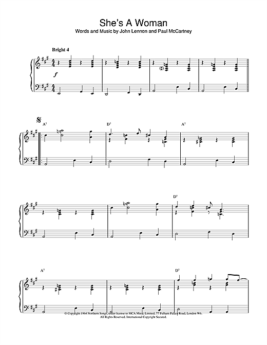 Preview The Beatles She's A Woman Rock sheet music, notes and chords for Piano, SKU: 18938 sheet music, piano notes, chords, guitar tabs, score, transpose, transcribe, how to play, guide, download, learn, tutorial, progression, song, artist, awards, billboard, mtv, vh1, tour, single, album, release