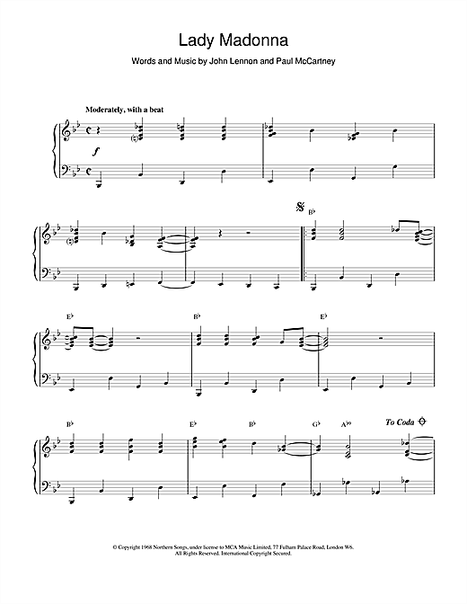 Preview The Beatles Lady Madonna Rock sheet music, notes and chords for Piano, SKU: 18940 sheet music, piano notes, chords, guitar tabs, score, transpose, transcribe, how to play, guide, download, learn, tutorial, progression, song, artist, awards, billboard, mtv, vh1, tour, single, album, release