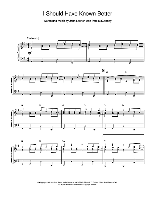 Preview The Beatles I Should Have Known Better Rock sheet music, notes and chords for Piano, SKU: 18941 sheet music, piano notes, chords, guitar tabs, score, transpose, transcribe, how to play, guide, download, learn, tutorial, progression, song, artist, awards, billboard, mtv, vh1, tour, single, album, release