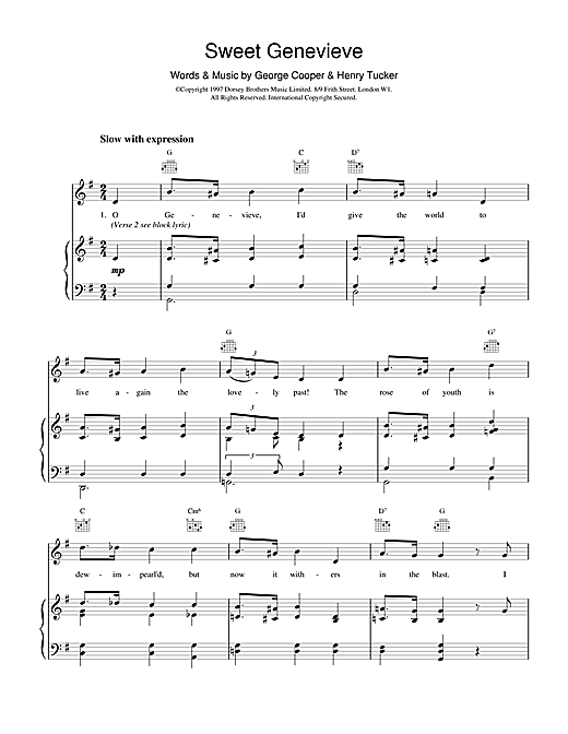 Preview George Cooper & Henry Tucker Sweet Genevieve Classics sheet music, notes and chords for Piano, Vocal & Guitar (Right-Hand Melody), SKU: 18942 sheet music, piano notes, chords, guitar tabs, score, transpose, transcribe, how to play, guide, download, learn, tutorial, progression, song, artist, awards, billboard, mtv, vh1, tour, single, album, release