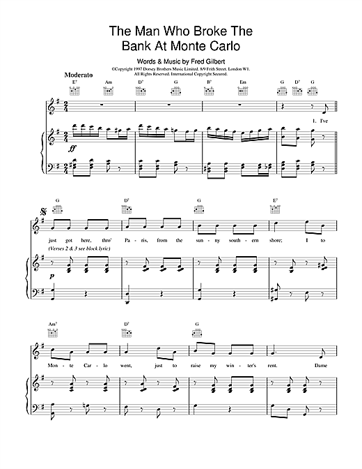 Preview Fred Gilbert The Man Who Broke The Bank At Monte Carlo Classics sheet music, notes and chords for Piano, Vocal & Guitar (Right-Hand Melody), SKU: 18946 sheet music, piano notes, chords, guitar tabs, score, transpose, transcribe, how to play, guide, download, learn, tutorial, progression, song, artist, awards, billboard, mtv, vh1, tour, single, album, release