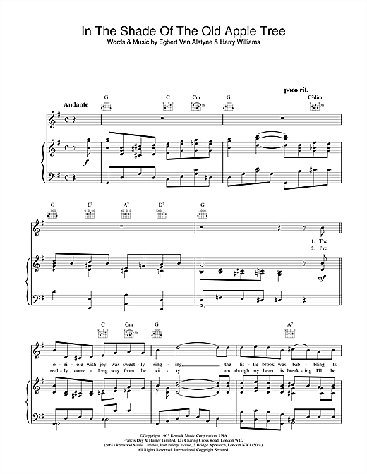 Preview Egbert Van Alstyne & Harry Williams In The Shade Of The Old Apple Tree Classics sheet music, notes and chords for Piano, Vocal & Guitar (Right-Hand Melody), SKU: 18948 sheet music, piano notes, chords, guitar tabs, score, transpose, transcribe, how to play, guide, download, learn, tutorial, progression, song, artist, awards, billboard, mtv, vh1, tour, single, album, release