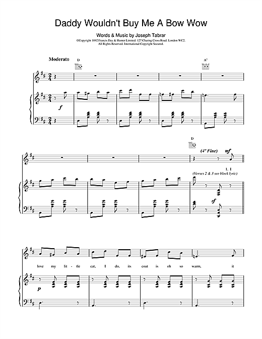 Preview Joseph Tabrar Daddy Wouldn't Buy Me A Bow Wow Classics sheet music, notes and chords for Piano, Vocal & Guitar (Right-Hand Melody), SKU: 18953 sheet music, piano notes, chords, guitar tabs, score, transpose, transcribe, how to play, guide, download, learn, tutorial, progression, song, artist, awards, billboard, mtv, vh1, tour, single, album, release