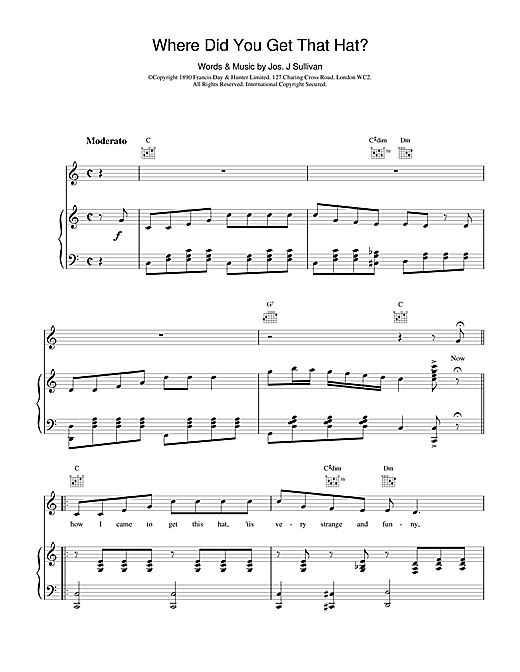 Preview Jos J. Sullivan Where Did You Get That Hat? Classics sheet music, notes and chords for Piano, Vocal & Guitar, SKU: 18954 sheet music, piano notes, chords, guitar tabs, score, transpose, transcribe, how to play, guide, download, learn, tutorial, progression, song, artist, awards, billboard, mtv, vh1, tour, single, album, release