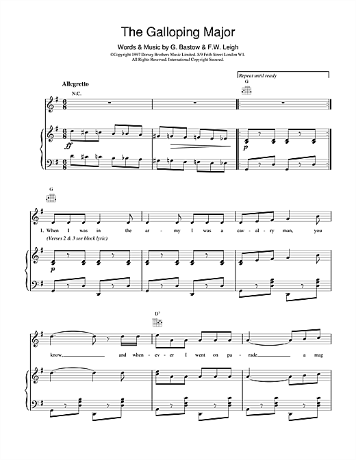 Preview F.W. Leigh & G. Bastow The Galloping Major Classics sheet music, notes and chords for Piano, Vocal & Guitar (Right-Hand Melody), SKU: 18955 sheet music, piano notes, chords, guitar tabs, score, transpose, transcribe, how to play, guide, download, learn, tutorial, progression, song, artist, awards, billboard, mtv, vh1, tour, single, album, release