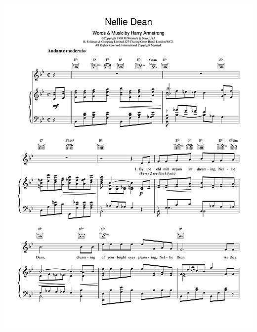 Preview Harry Armstrong Nellie Dean Classics sheet music, notes and chords for Piano, Vocal & Guitar (Right-Hand Melody), SKU: 18956 sheet music, piano notes, chords, guitar tabs, score, transpose, transcribe, how to play, guide, download, learn, tutorial, progression, song, artist, awards, billboard, mtv, vh1, tour, single, album, release