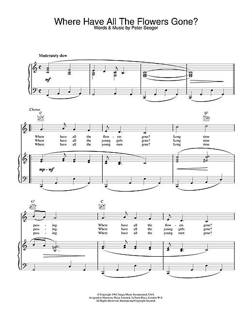 Preview Pete Seeger Where Have All The Flowers Gone Folk sheet music, notes and chords for Piano, Vocal & Guitar (Right-Hand Melody), SKU: 18957 sheet music, piano notes, chords, guitar tabs, score, transpose, transcribe, how to play, guide, download, learn, tutorial, progression, song, artist, awards, billboard, mtv, vh1, tour, single, album, release