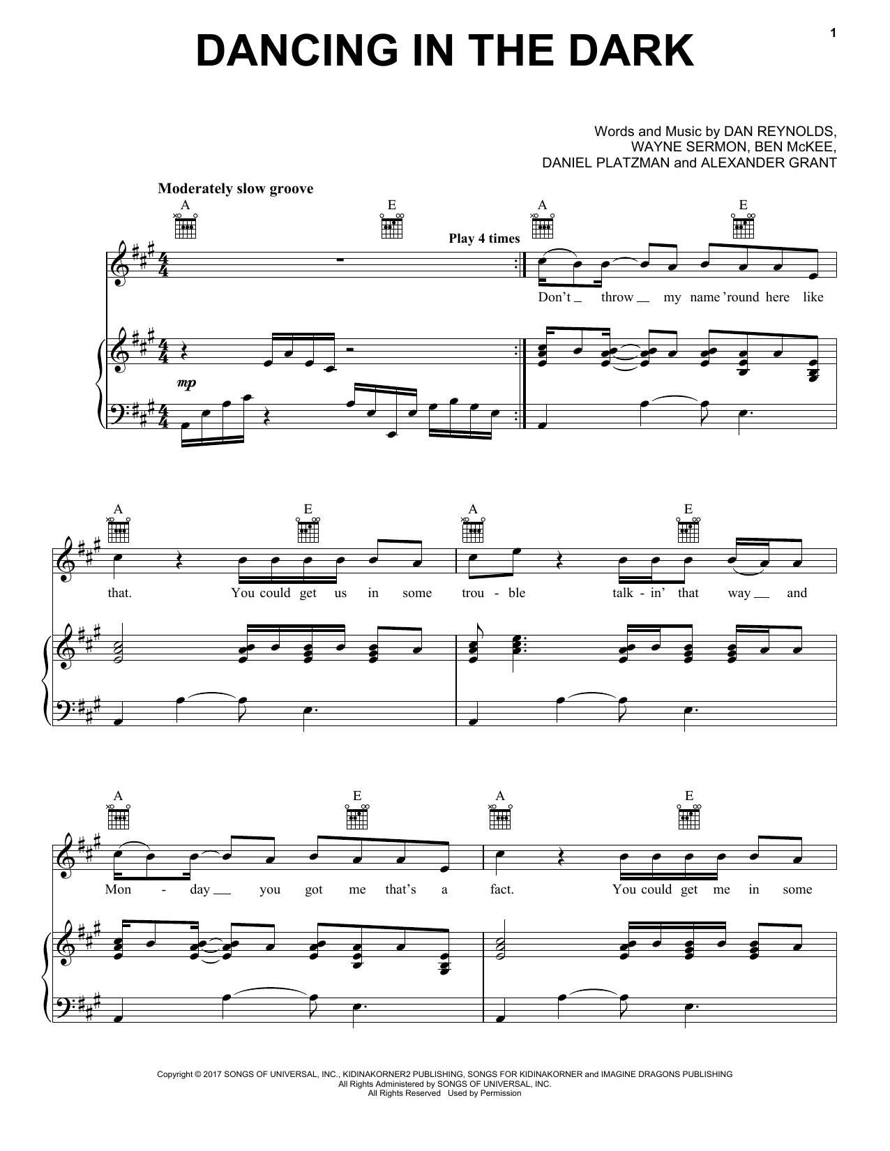 Preview Imagine Dragons Dancing In The Dark Rock sheet music, notes and chords for Piano, Vocal & Guitar (Right-Hand Melody), SKU: 189585 sheet music, piano notes, chords, guitar tabs, score, transpose, transcribe, how to play, guide, download, learn, tutorial, progression, song, artist, awards, billboard, mtv, vh1, tour, single, album, release