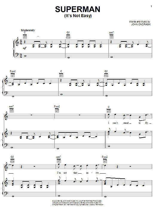Preview Five For Fighting Superman (It's Not Easy) Pop sheet music, notes and chords for Piano, Vocal & Guitar (Right-Hand Melody), SKU: 18964 sheet music, piano notes, chords, guitar tabs, score, transpose, transcribe, how to play, guide, download, learn, tutorial, progression, song, artist, awards, billboard, mtv, vh1, tour, single, album, release