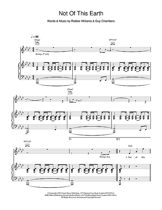 Preview Robbie Williams Not Of This Earth Pop sheet music, notes and chords for Piano, Vocal & Guitar, SKU: 18970 sheet music, piano notes, chords, guitar tabs, score, transpose, transcribe, how to play, guide, download, learn, tutorial, progression, song, artist, awards, billboard, mtv, vh1, tour, single, album, release